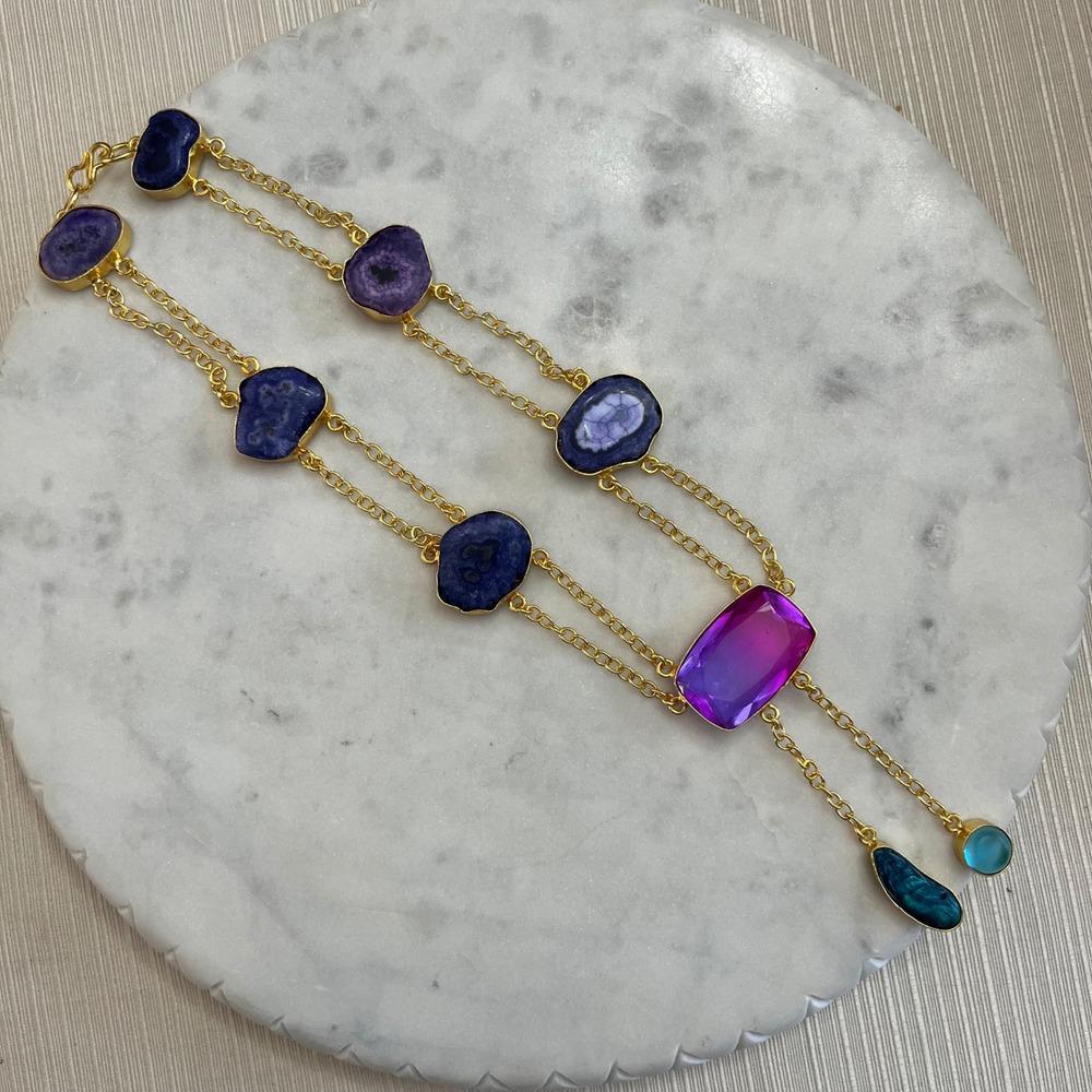 Artisan Gemstone Statement Necklace Gold Tone Double Chain Slice‎ Boho Jewelry